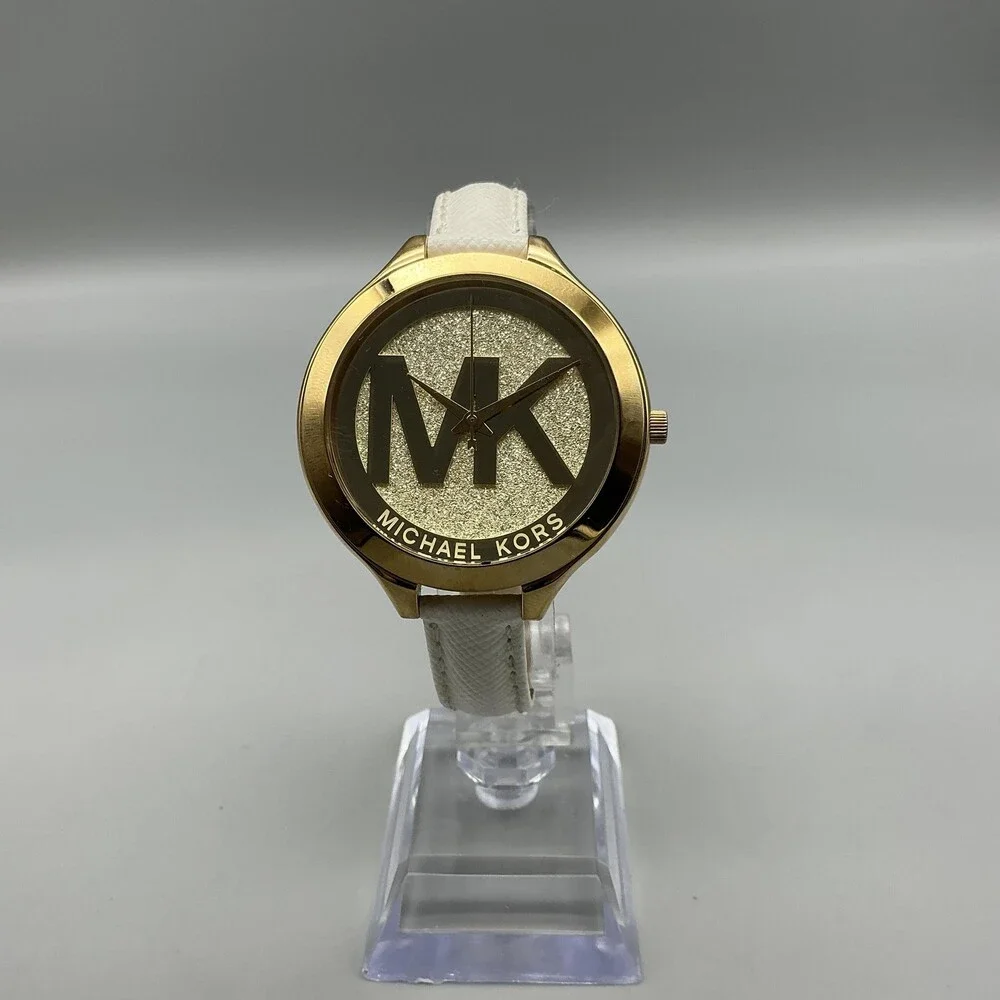 Michael Kors MK-3389 Womens Watch 42mm Gold Tone MK Logo Leather New Battery